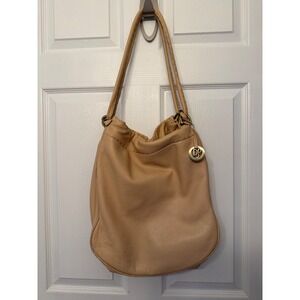 Donald J Pliner Leather Hobo Shoulder Bag Tan Beige Gold Tone Logo Accent